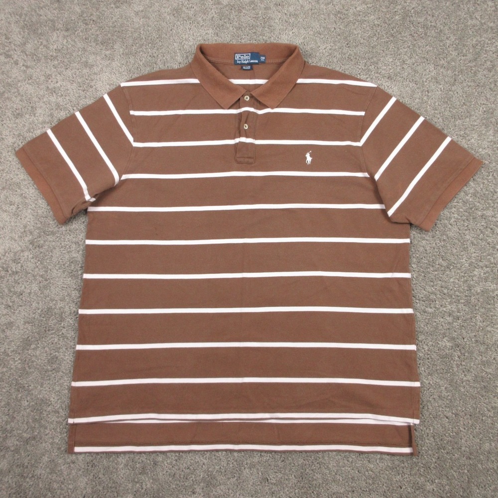 Polo Ralph Lauren Shirt Mens 2XB Brown Striped Cotton White Pony Golf Rugby Logo